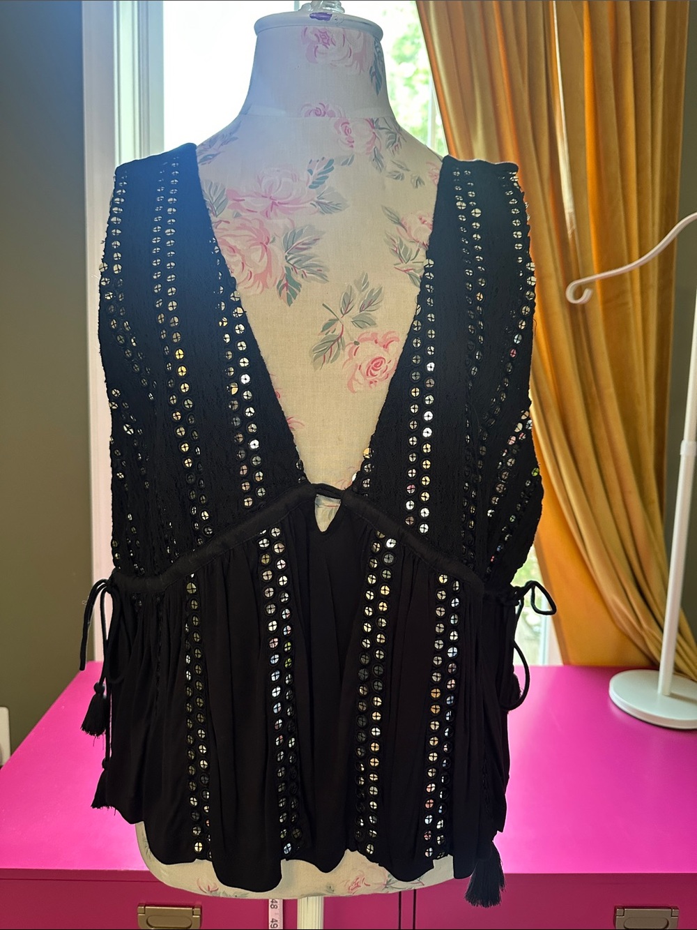 Anthropologie Embellished Black Sleeveless V-Neck Tank